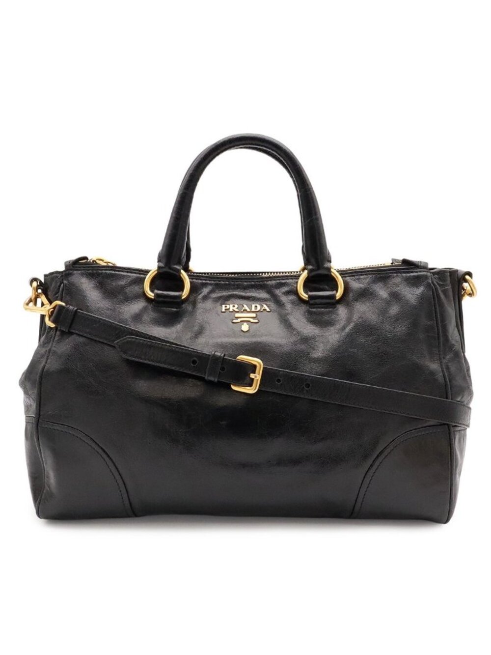 Prada Vitello Shine 2-Way Shoulder Bag Crossbody Leather Nero Black Gold